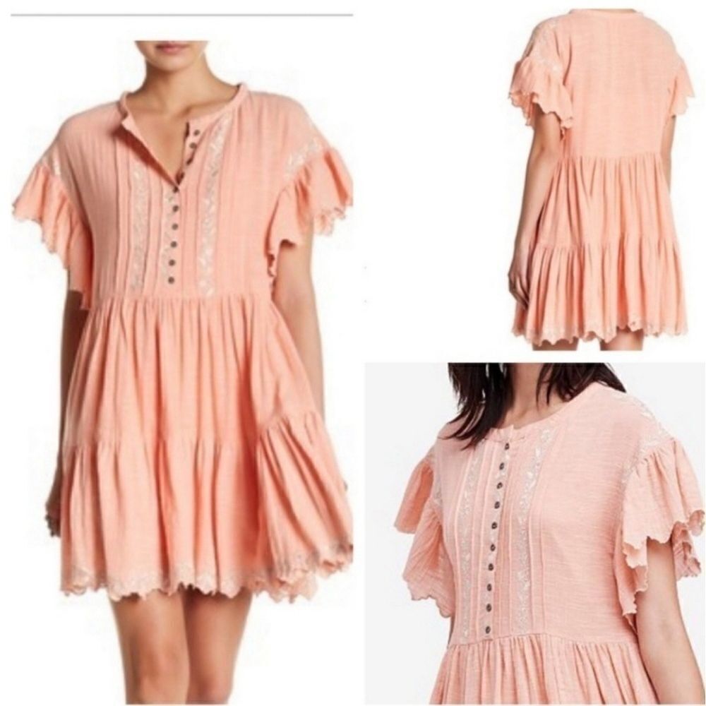 Free People Santiago Peach Tiered Mini Dress Sm